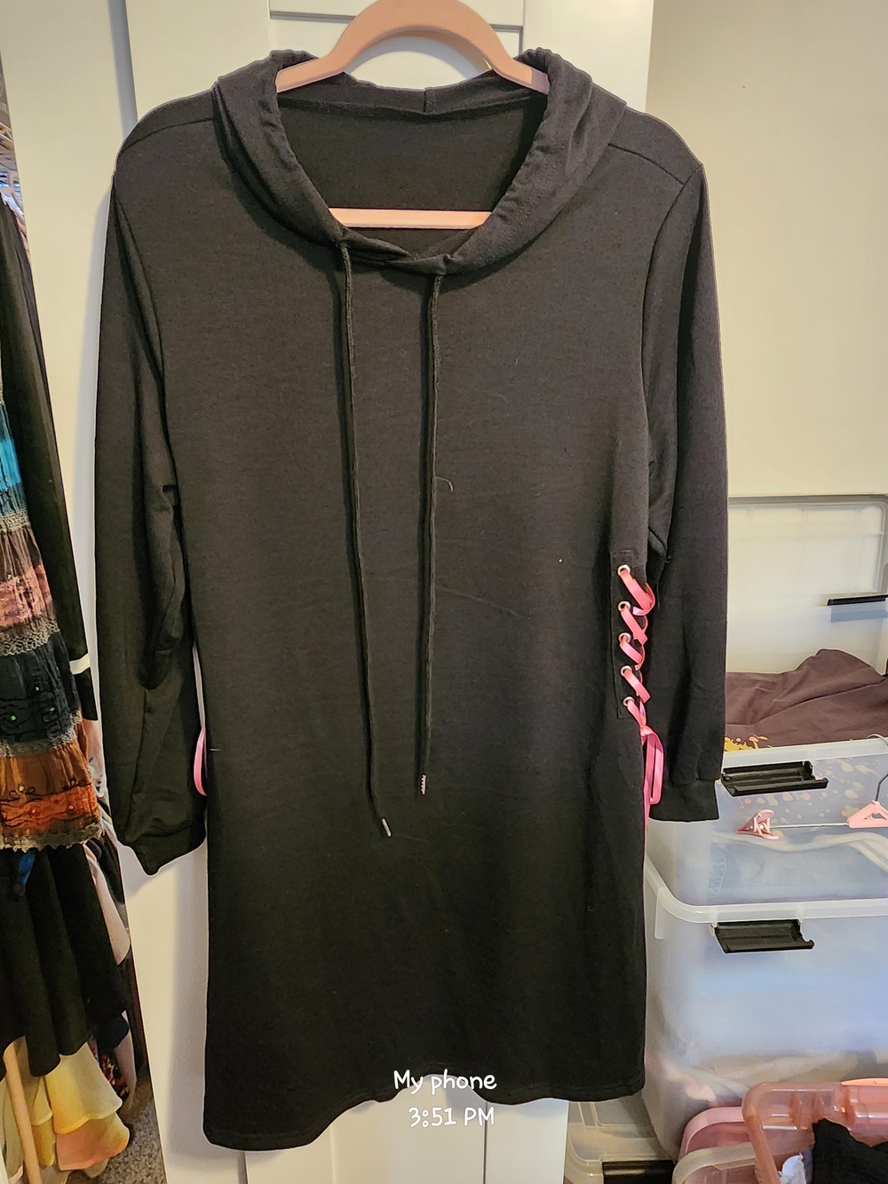 Black Hoodie Dress with Pink Lace-Up Side Detail